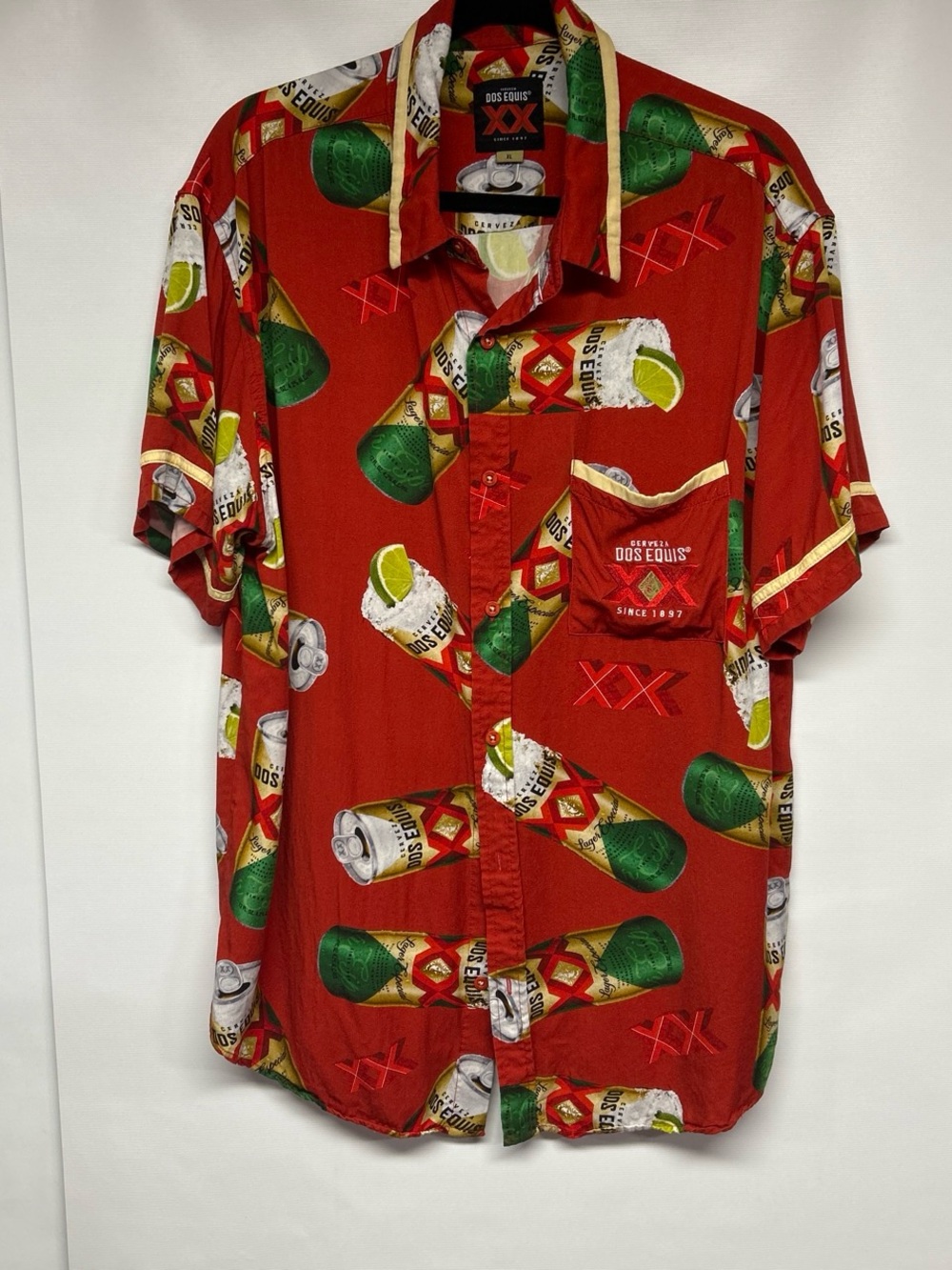 Red Short-Sleeve Camp Shirt with Bottle Print